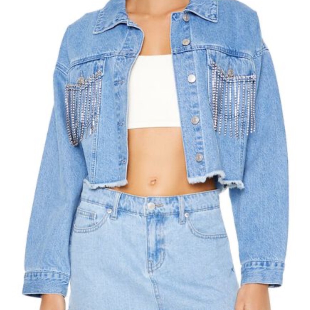 Forever 21 Rhinestone Fringe Denim Jacket - size small - Picture 2 of 4
